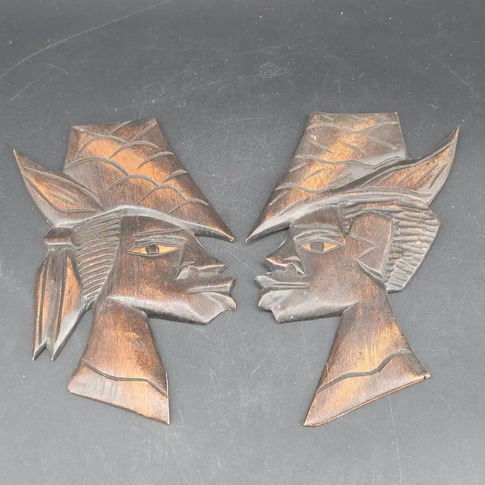 Pair Vintage African Hand Carved Wood Tribal Head Wall Art Sculptures Folk Art